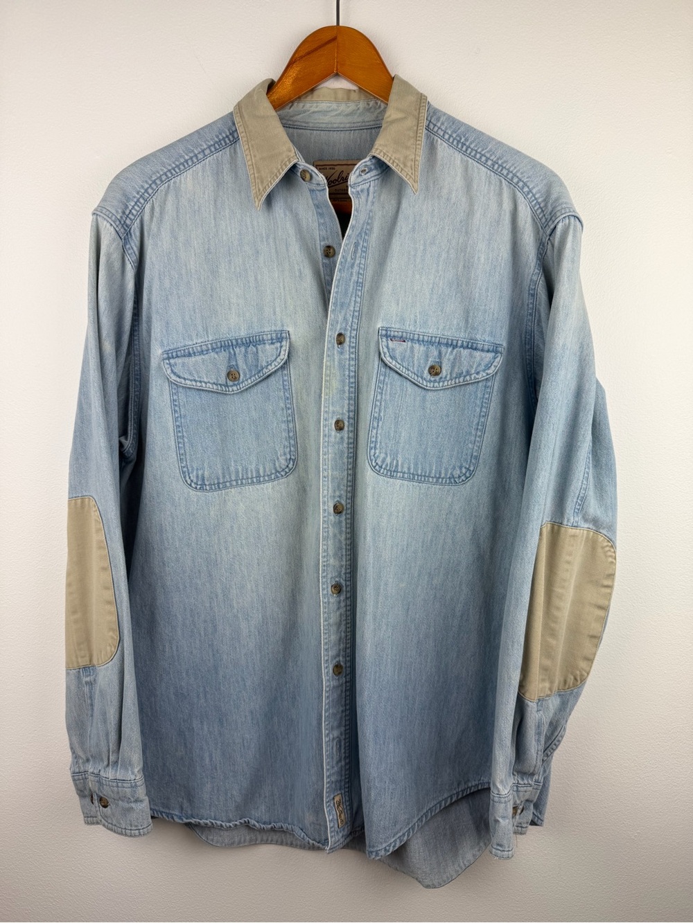 Woolrich Light Blue Denim Button-Down Shirt with Tan Elbow Patches and Collar